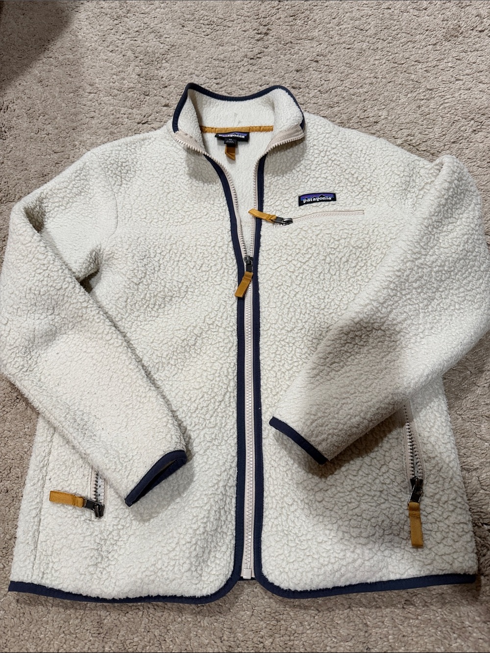 Patagonia Cream Retro Pile Fleece Jacket with Navy Trim XS EUC